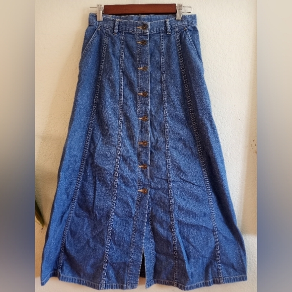 Liz Claiborne Vintage 70s Denim Preppy Button Down Bohemian Academia Midi Skirt - Picture 3 of 6